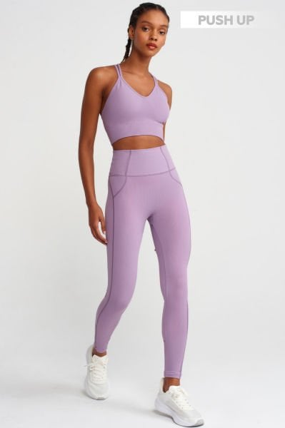 Yüksek Bel Dikiş Detaylı Push Up Tayt Donuk Lila