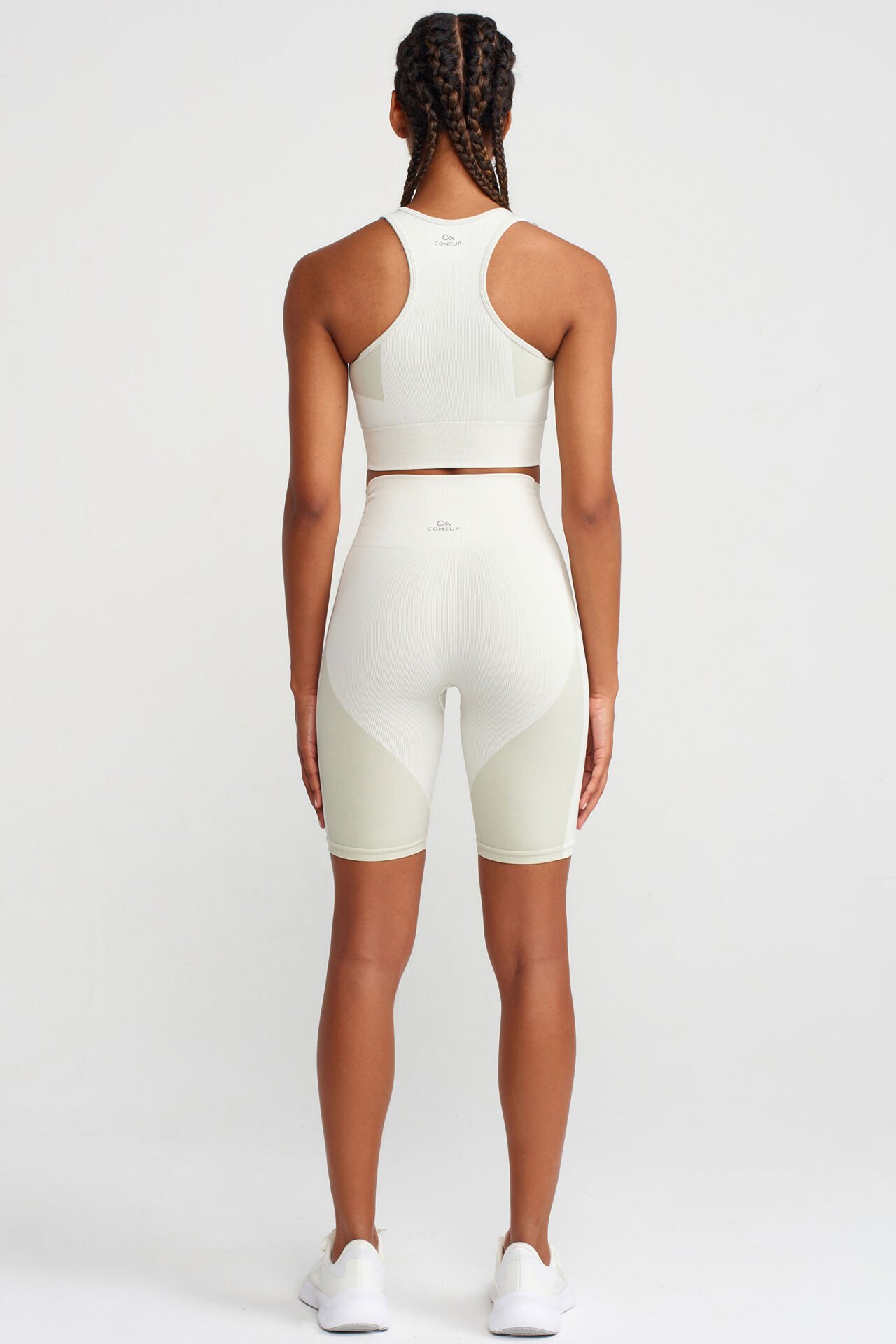 İnce Fitilli Grafik Detaylı Biker Şort Bej Yeşil