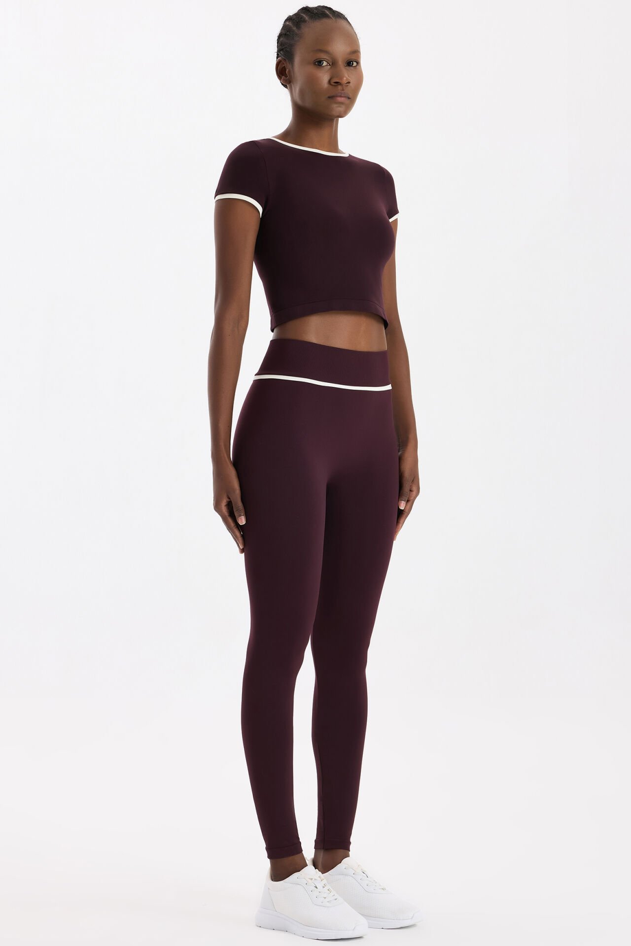 Kontrast Biyeli Spor Tayt Burgundy