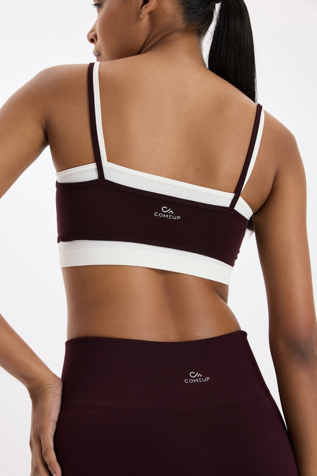 Üst Üste Geçmeli Pedli Spor Bra Burgundy/Kırık Beyaz