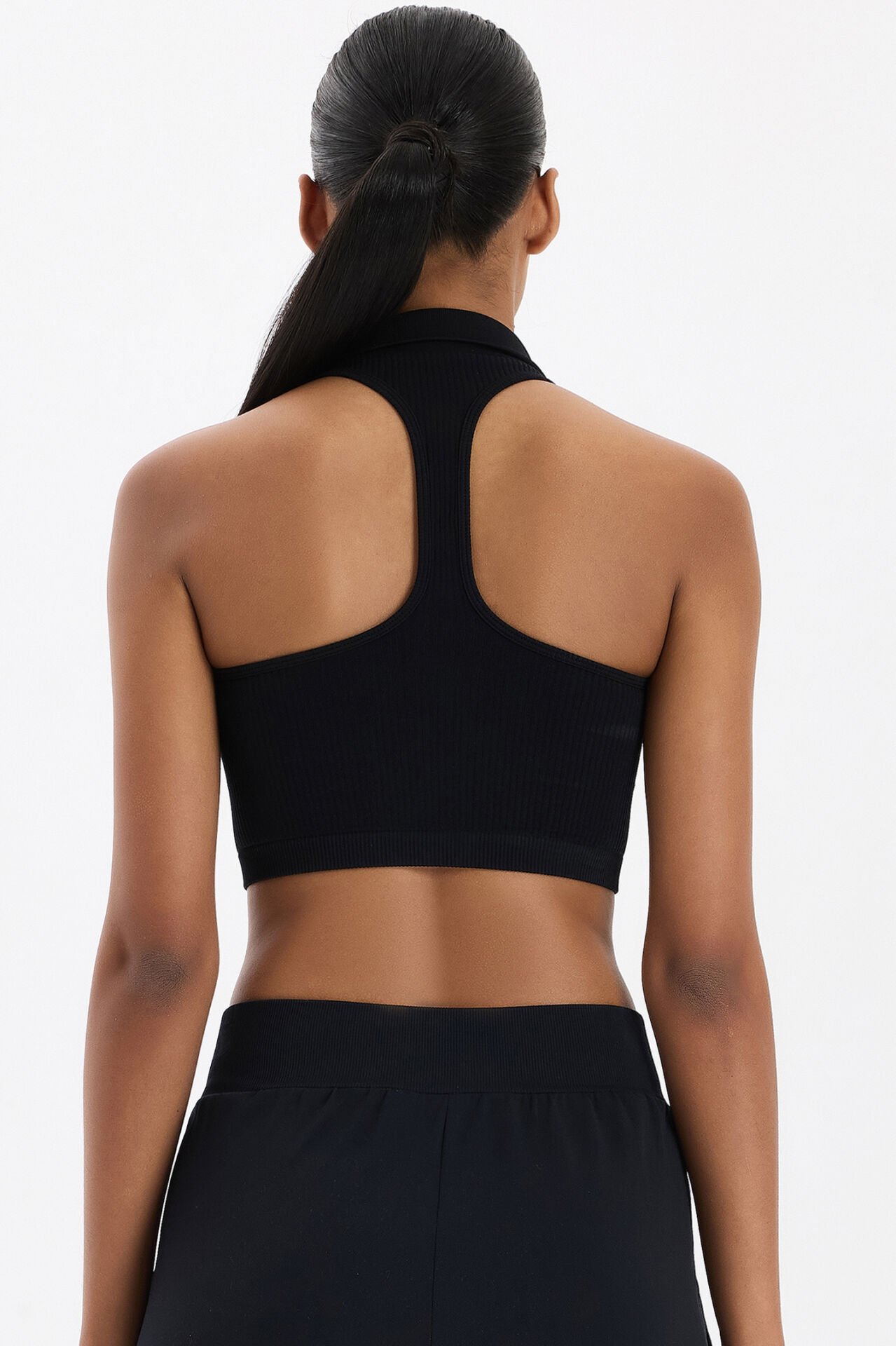 Fermuarlı Pedli Polo Yaka Crop Top Siyah