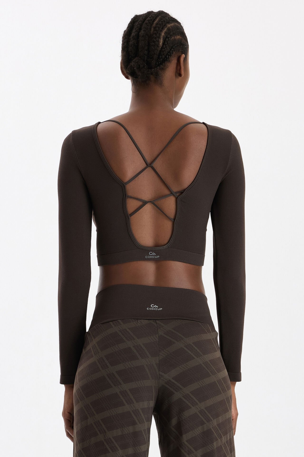 Uzun Kollu Ekose Crop Top Kahve