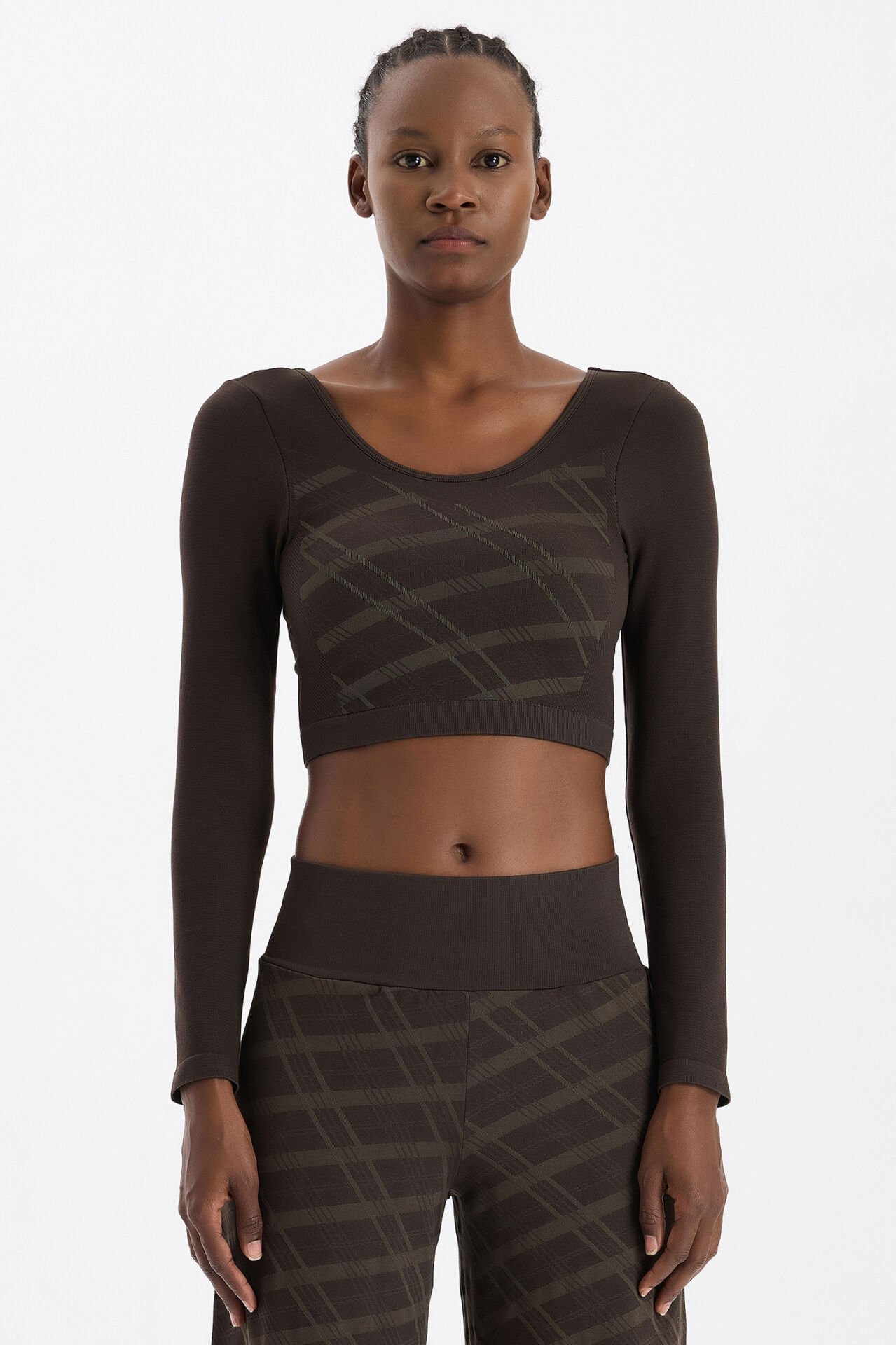 Uzun Kollu Ekose Crop Top Kahve