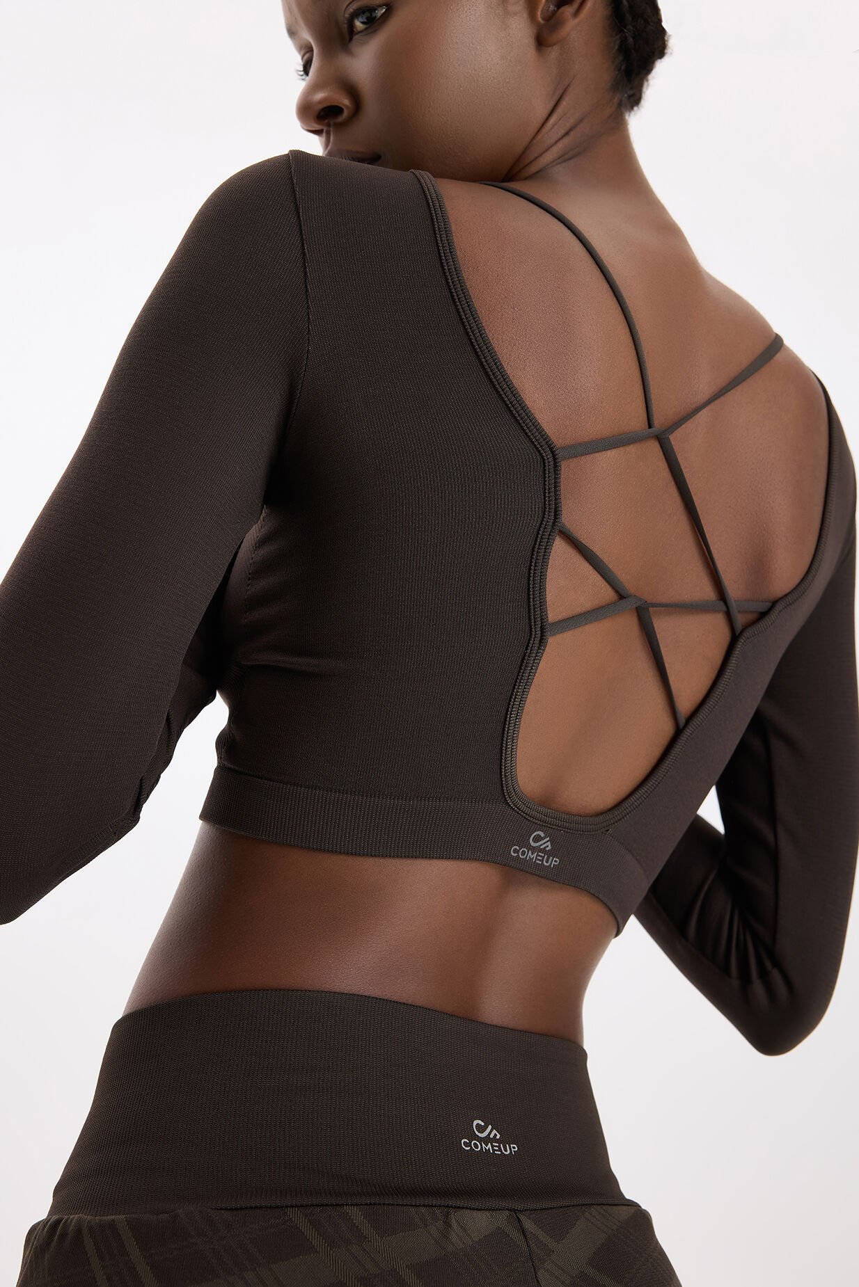 Uzun Kollu Ekose Crop Top Kahve