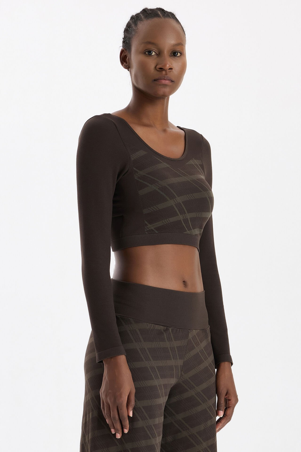 Uzun Kollu Ekose Crop Top Kahve