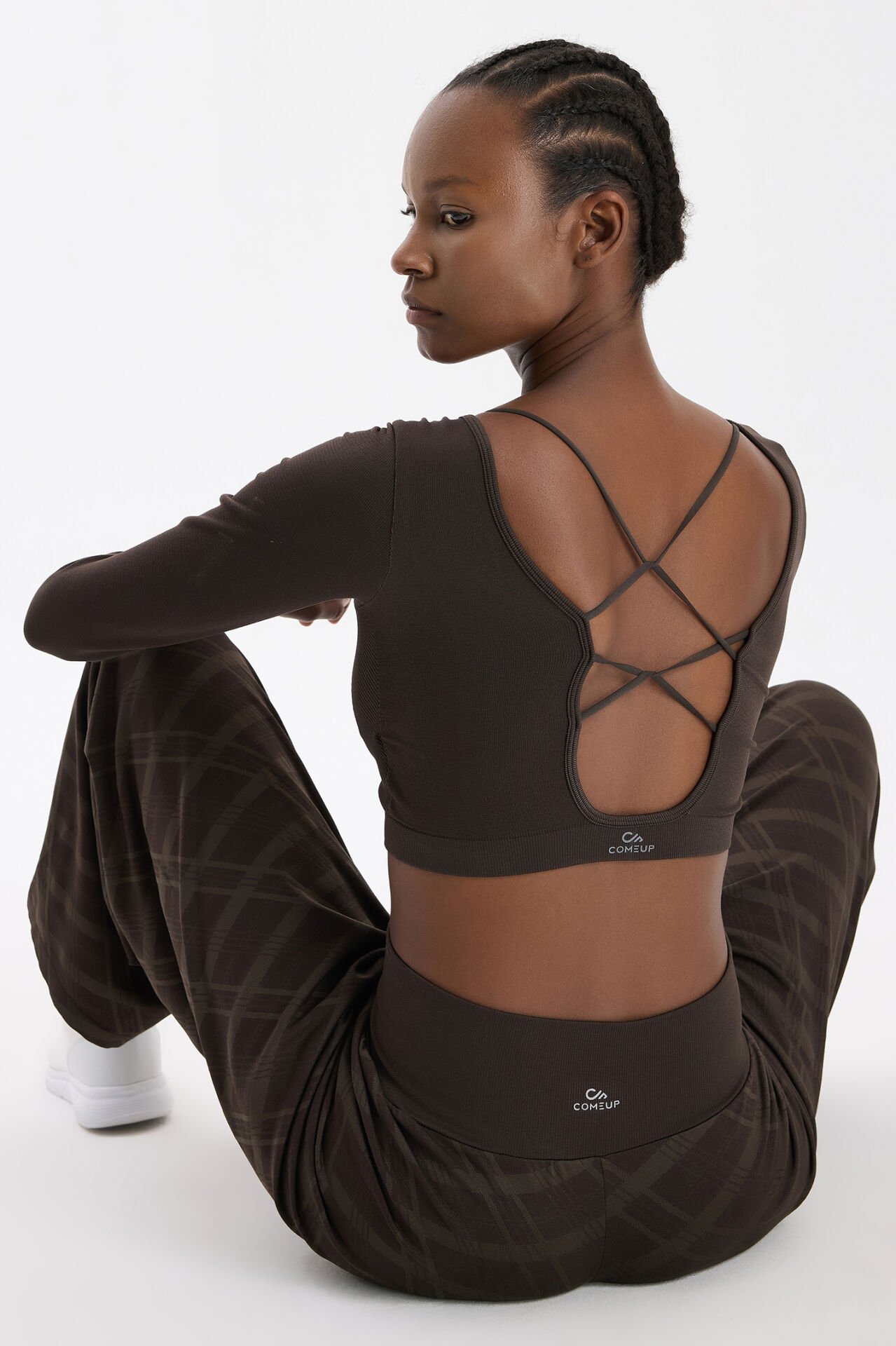 Uzun Kollu Ekose Crop Top Kahve