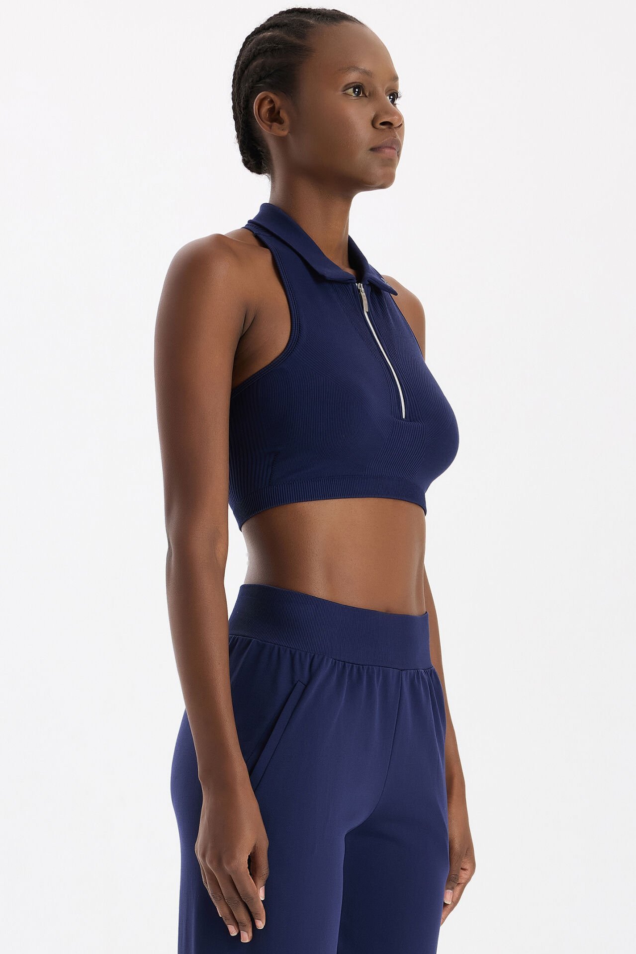 Fermuarlı Pedli Polo Yaka Crop Top Oxford Blue