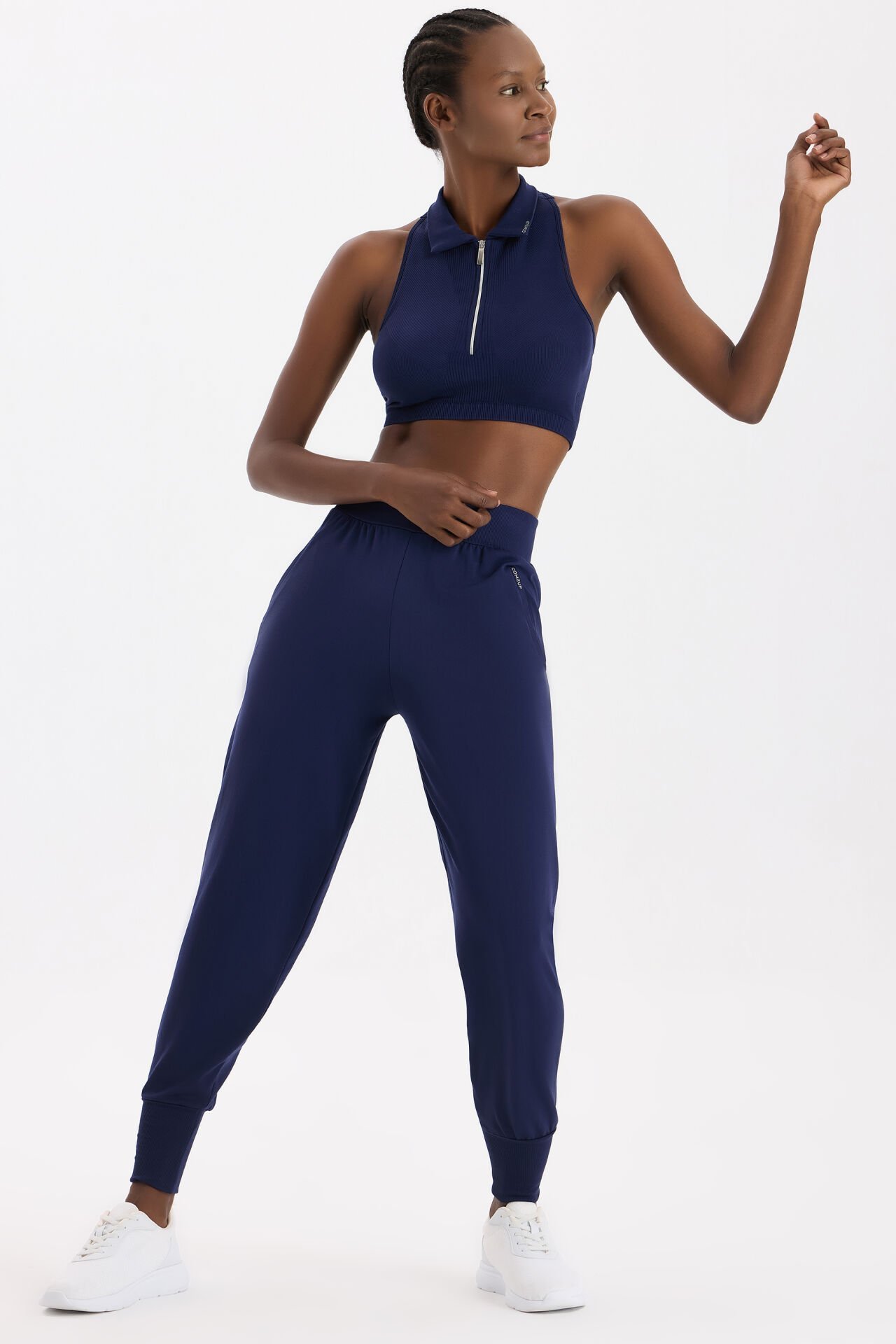 Fermuarlı Pedli Polo Yaka Crop Top Oxford Blue