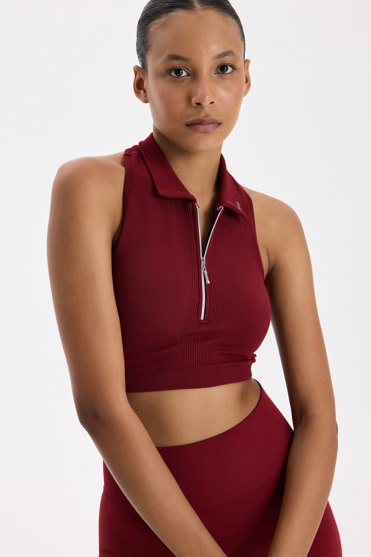 Fermuarlı Pedli Polo Yaka Crop Top Scarlet Kırmızısı