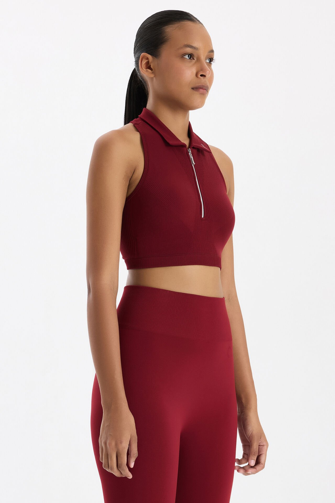 Fermuarlı Pedli Polo Yaka Crop Top Scarlet Kırmızısı