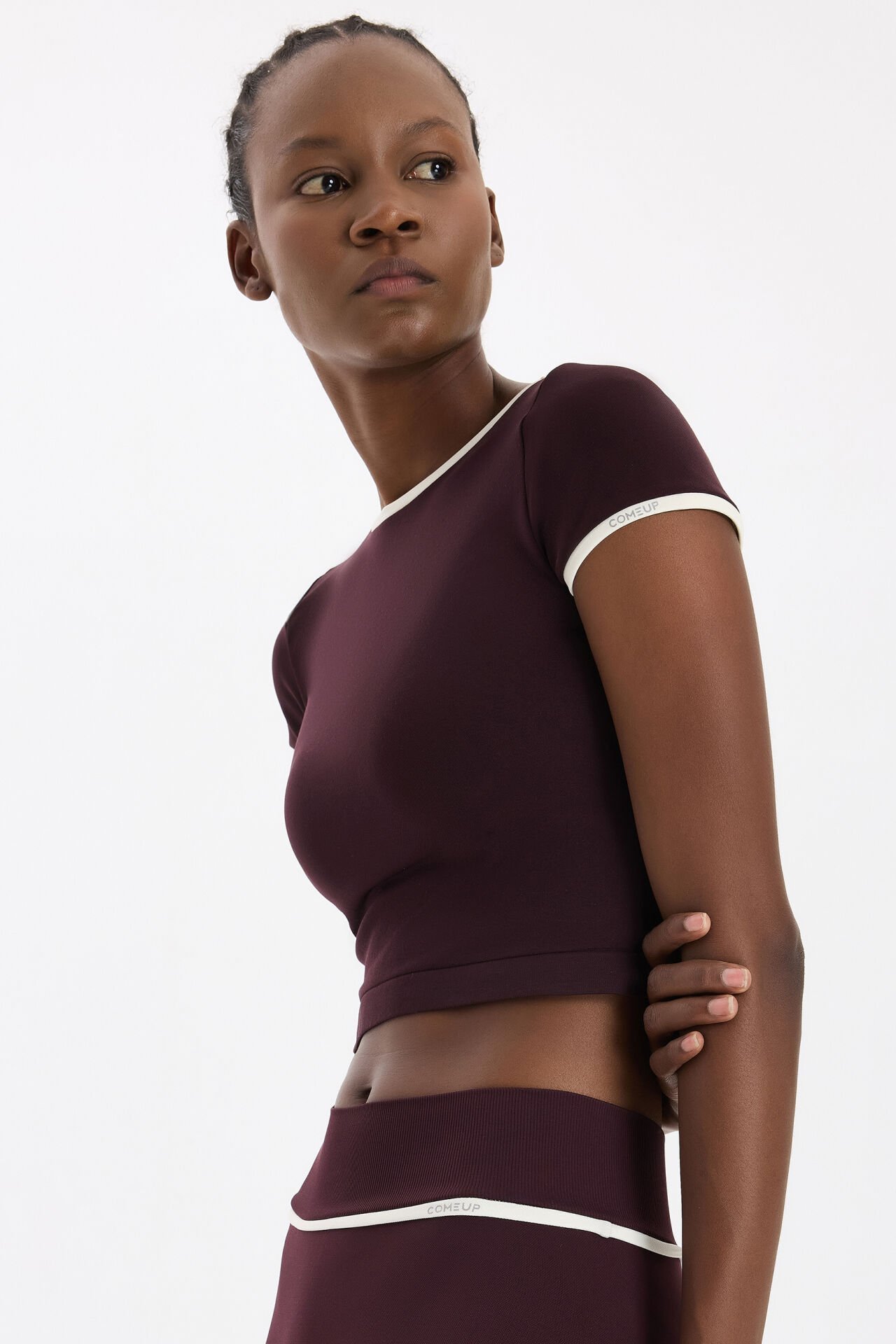 Kontrast Biyeli Spor Tişört Burgundy