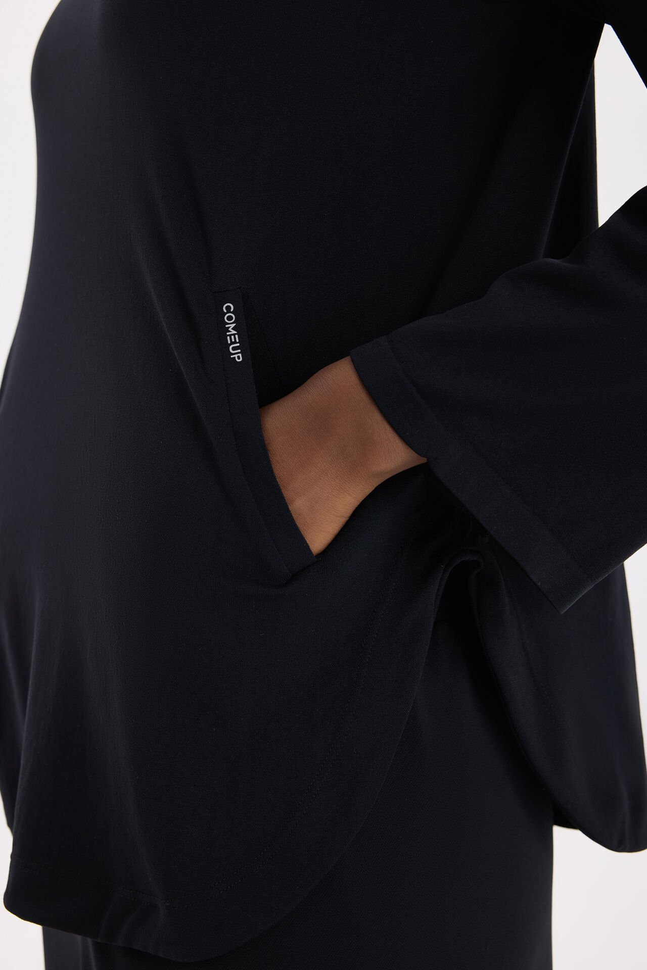 Yüksek Yaka Cepli Uzun Kollu Hafif Sweatshirt Siyah