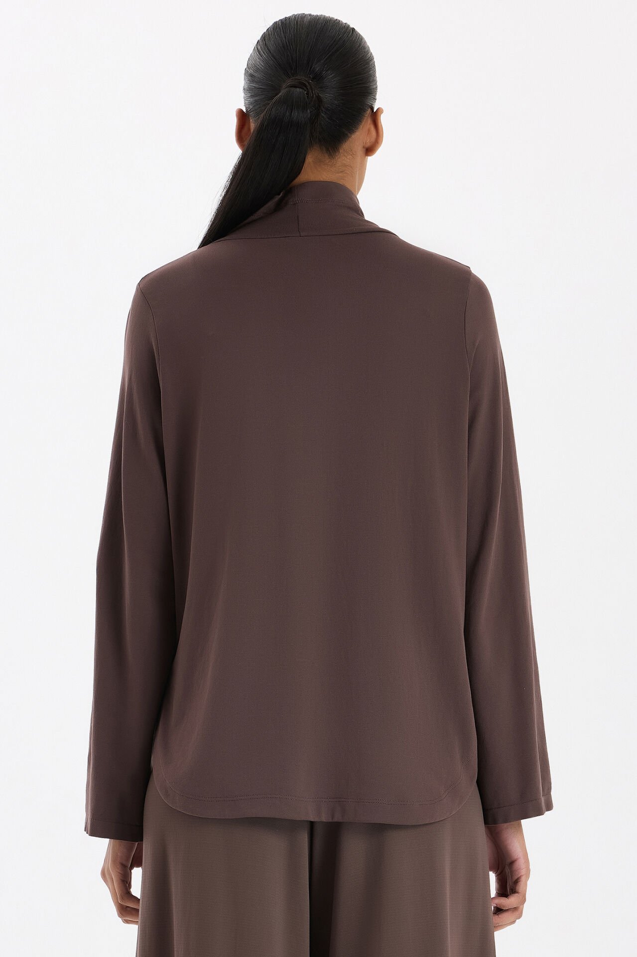 Yüksek Yaka Cepli Uzun Kollu Hafif Sweatshirt Kakao Dansı