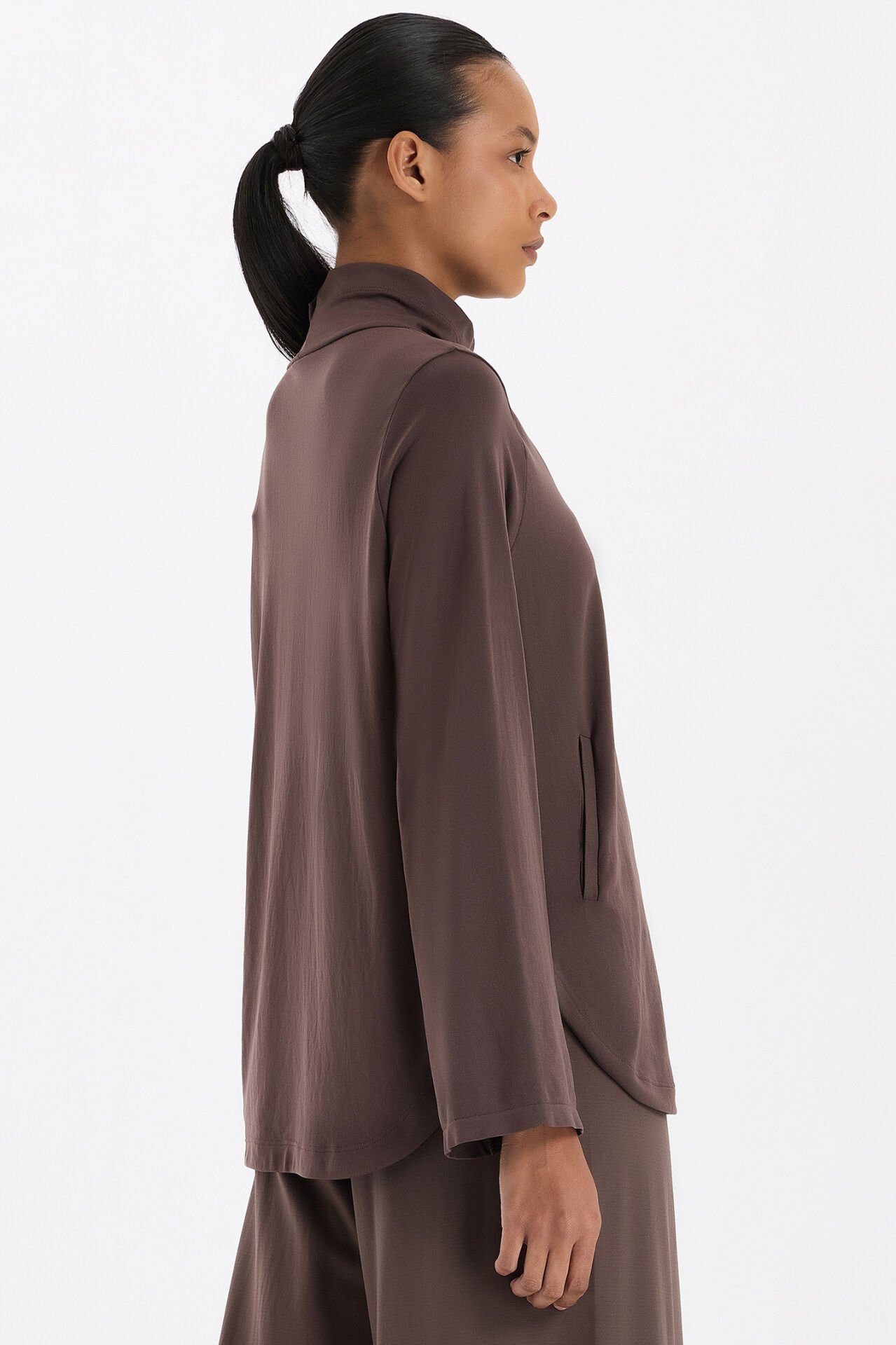 Yüksek Yaka Cepli Uzun Kollu Hafif Sweatshirt Kakao Dansı