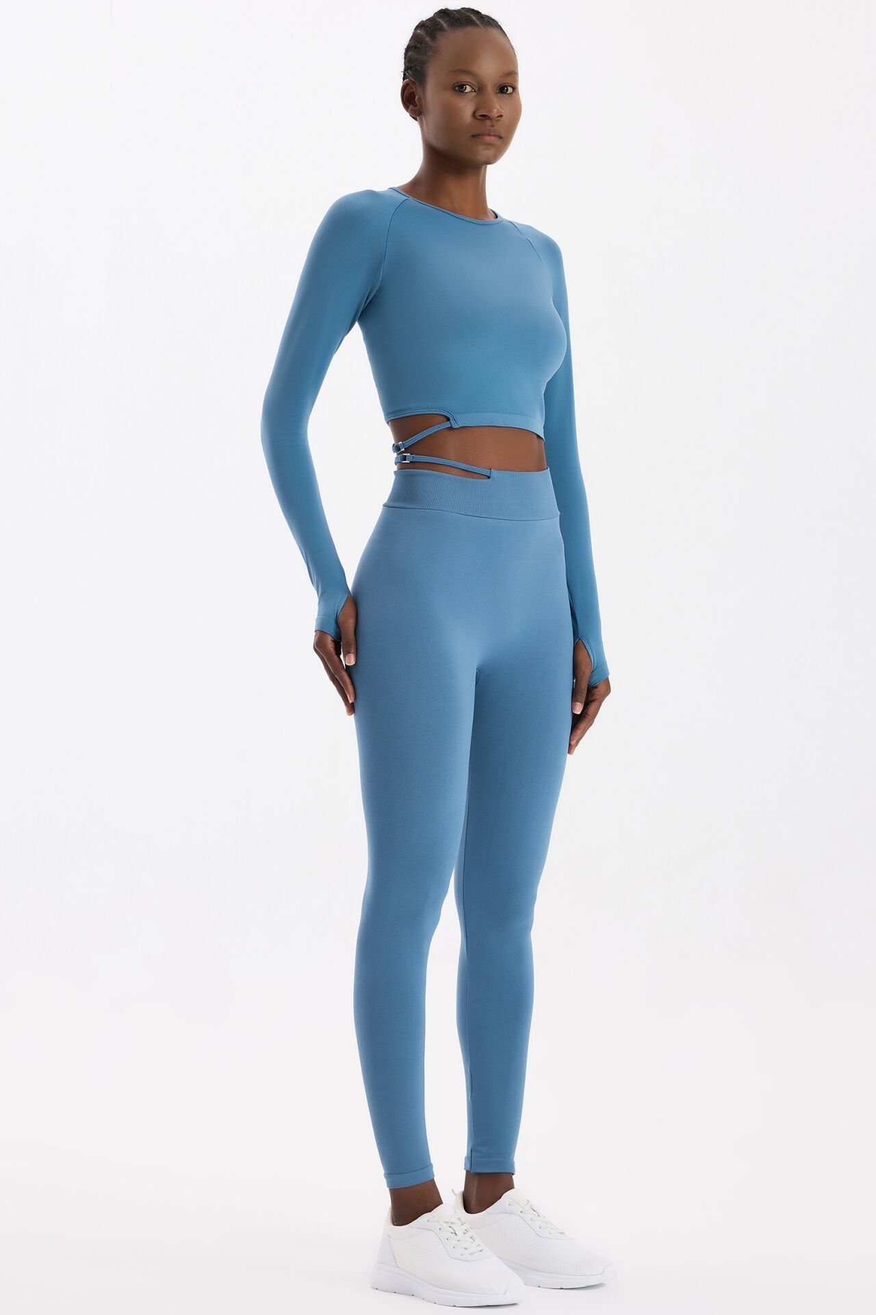 Tokalı Beli Pencereli Spor Tayt Kozmoz Mavi