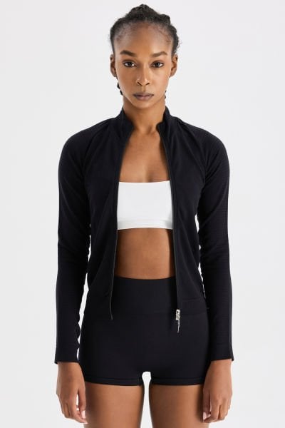 Dikişsiz Fermuarlı Spor Ceket Siyah