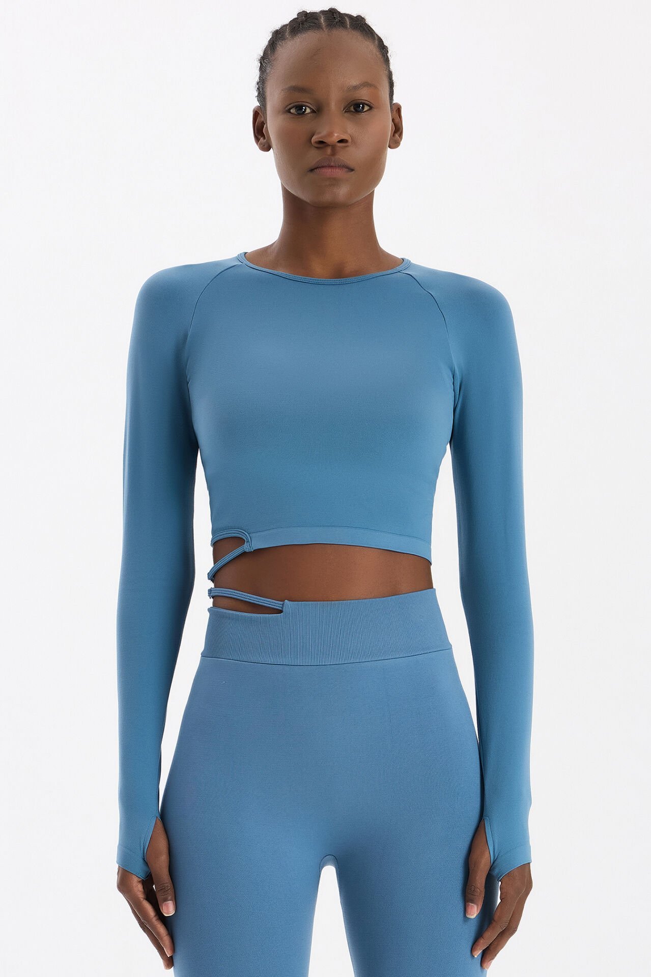 Tokalı Parmak Geçmeli Crop Top Kozmoz Mavi