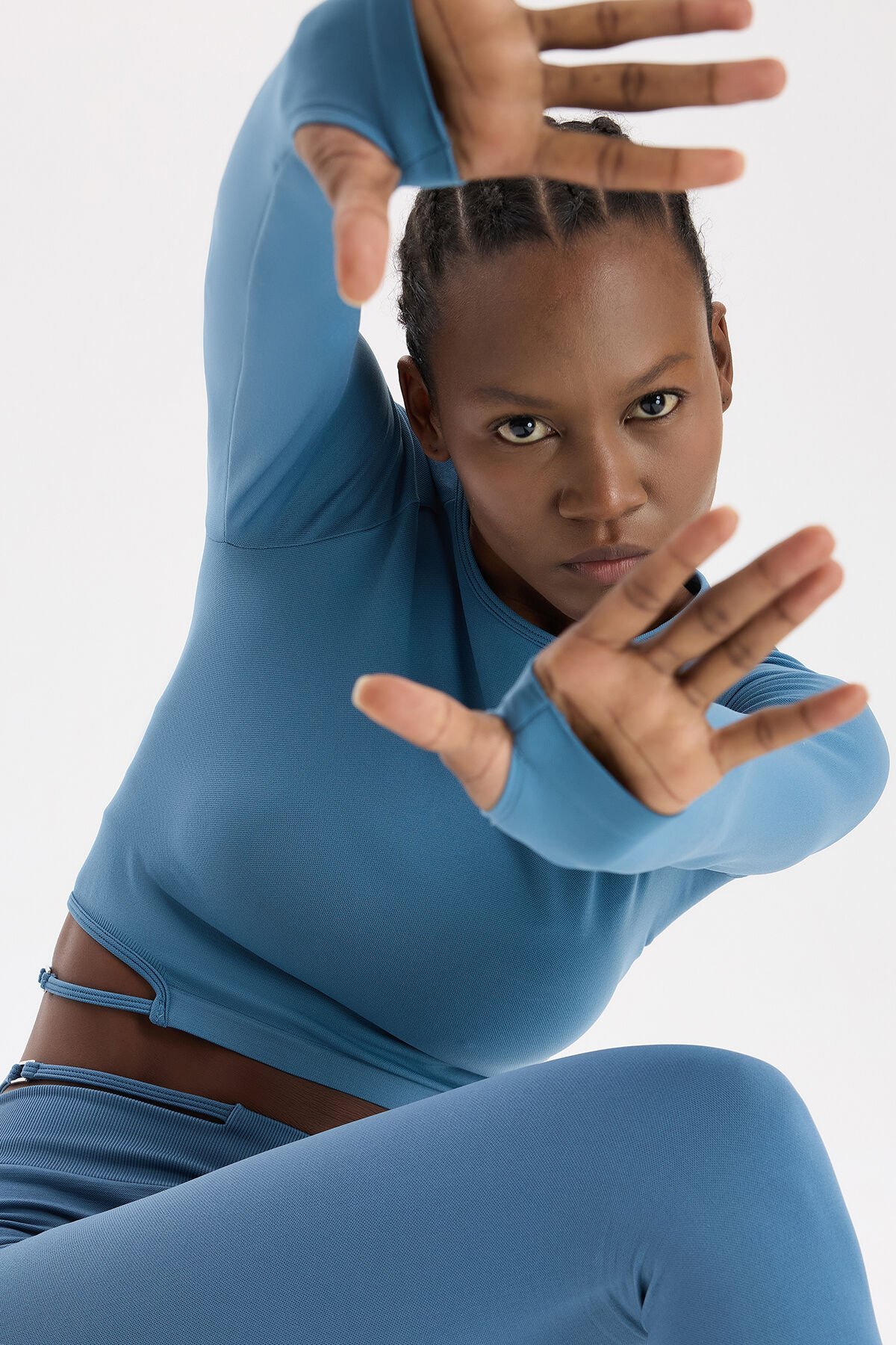 Tokalı Parmak Geçmeli Crop Top Kozmoz Mavi