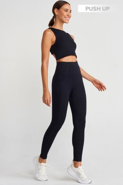Yüksek Bel Dikiş Detaylı Push Up Tayt Siyah