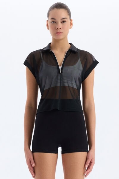 Fermuarlı Fileli Polo Yaka Tişört Siyah