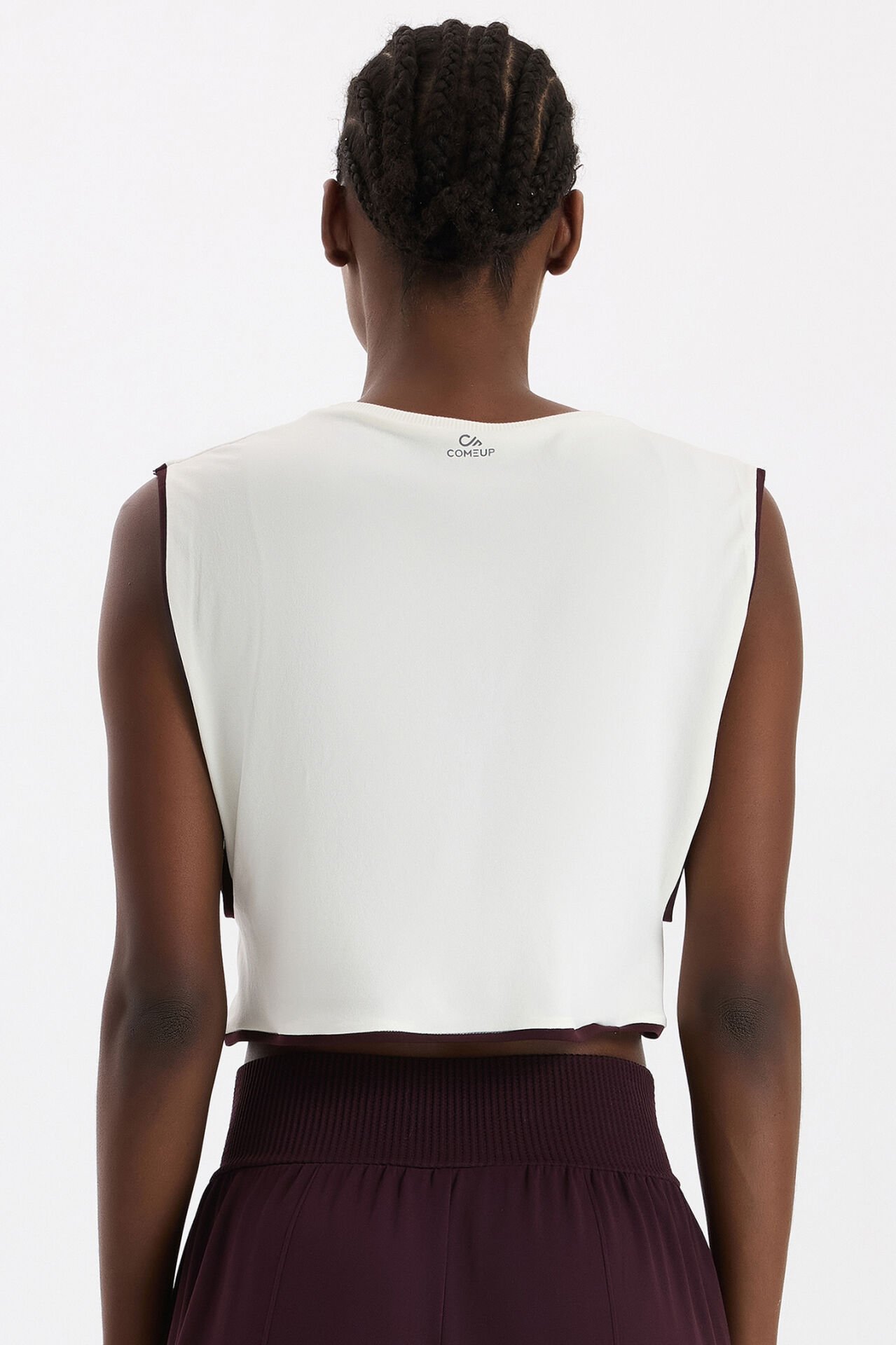 Kontrast Biyeli Sıfır Kol Crop Top Kırık Beyaz