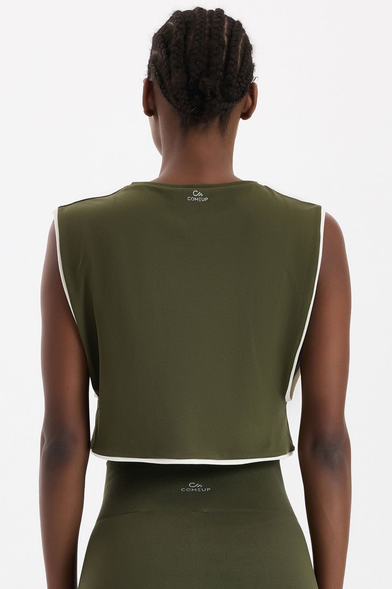 Kontrast Biyeli Sıfır Kol Crop Top Koyu Yaprak Yeşili