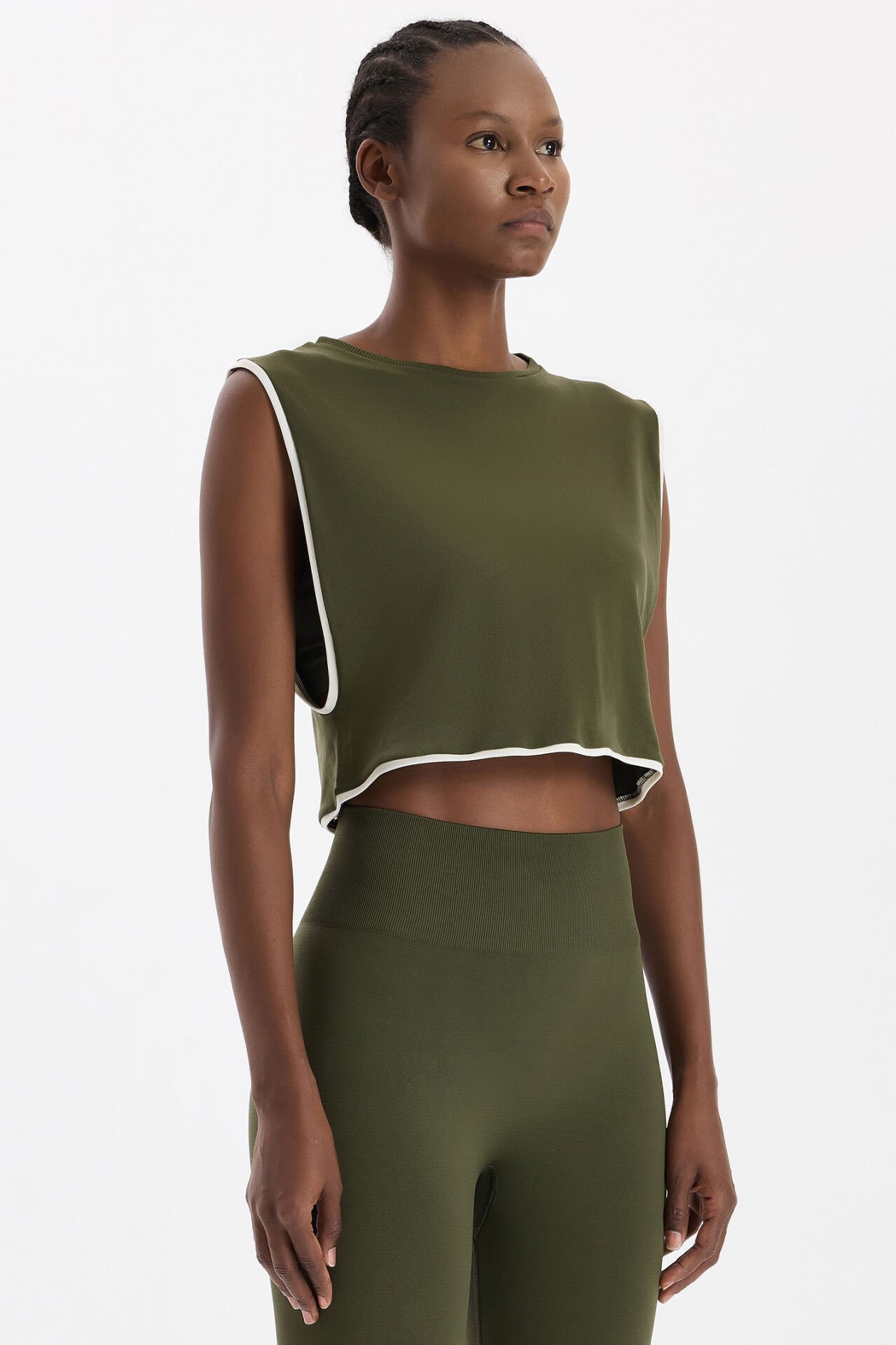Kontrast Biyeli Sıfır Kol Crop Top Koyu Yaprak Yeşili