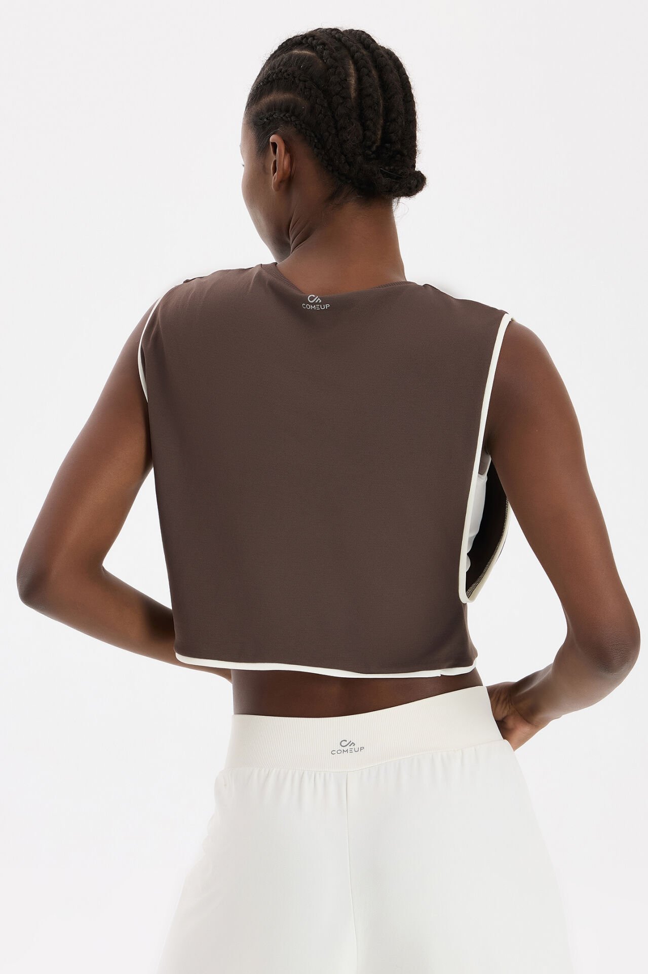 Kontrast Biyeli Sıfır Kol Crop Top Kakao Dansı