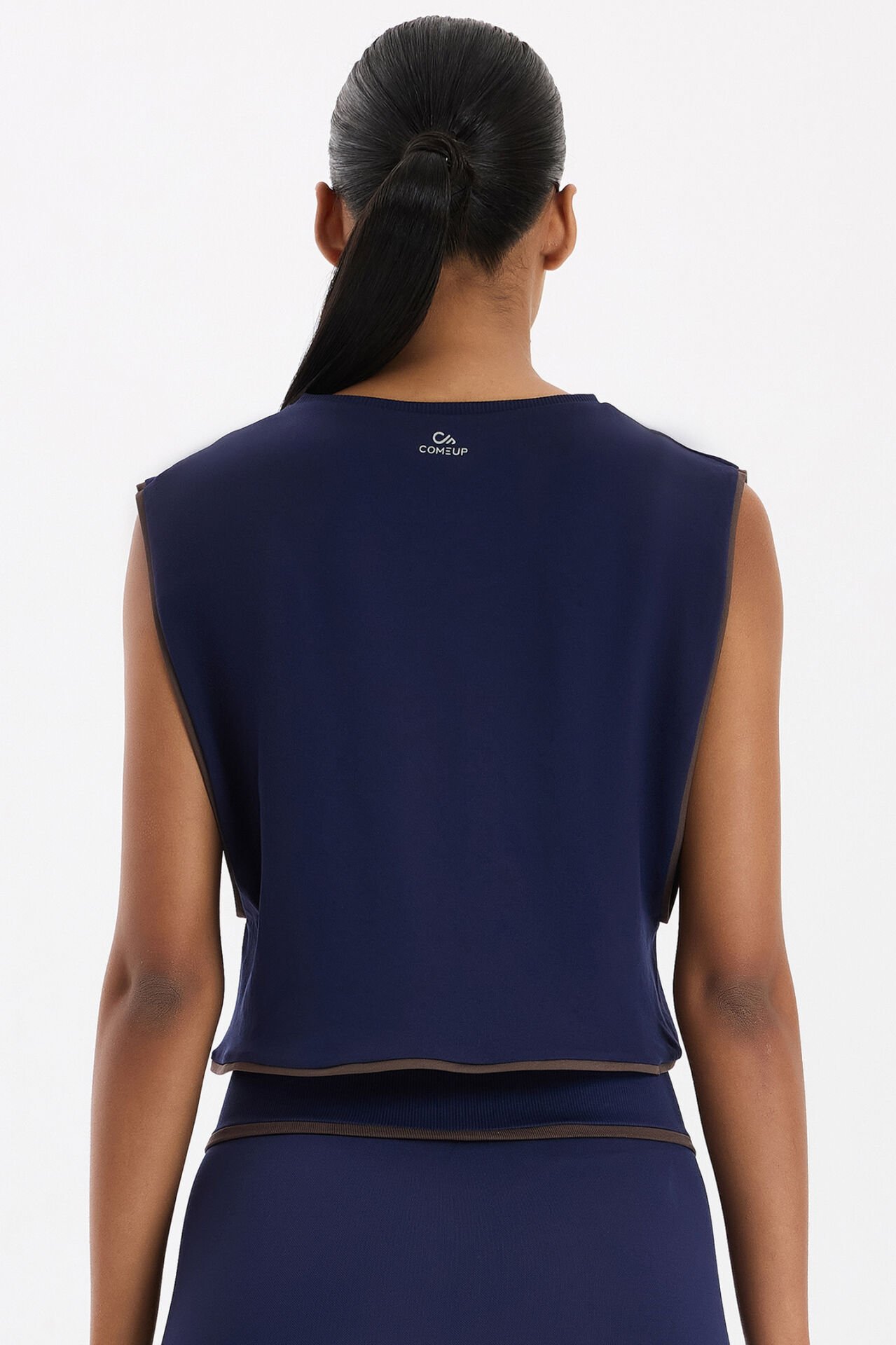 Kontrast Biyeli Sıfır Kol Crop Top Oxford Blue