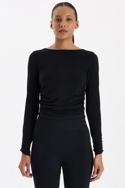 Kolları ve Yanları Büzgülü Uzun Kollu Spor Üst Siyah