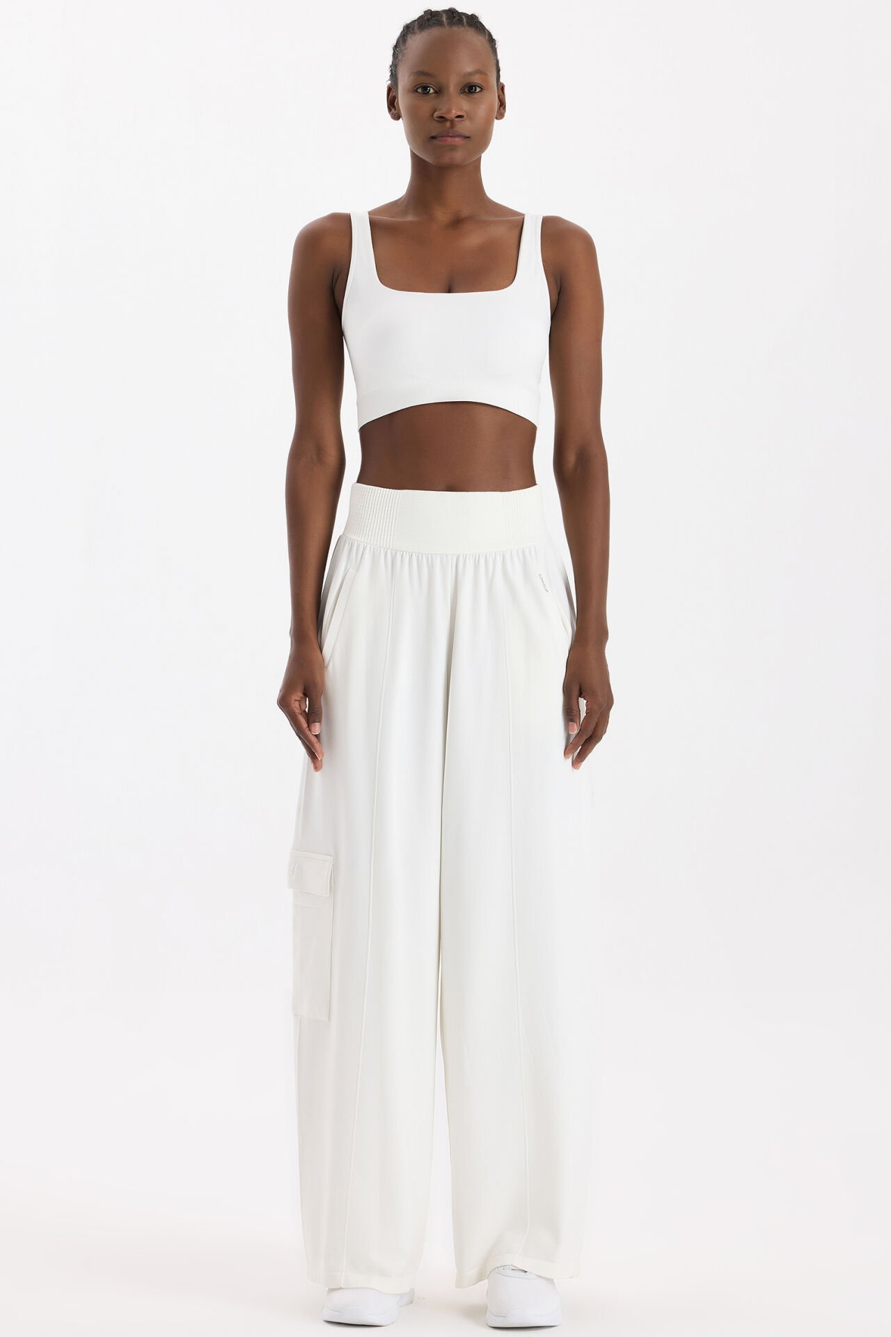 Yüksek Belli Kargo Cepli Pantolon Kırık Beyaz