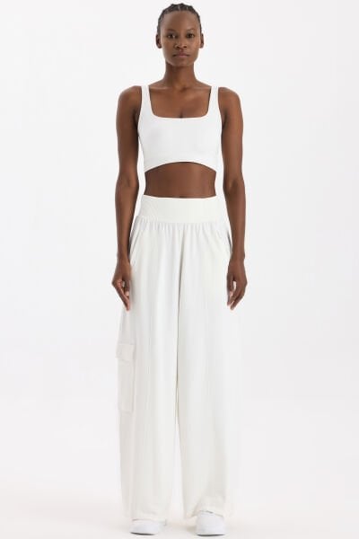 Yüksek Belli Kargo Cepli Pantolon Kırık Beyaz