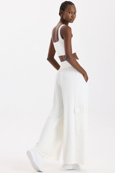 Yüksek Belli Kargo Cepli Pantolon Kırık Beyaz