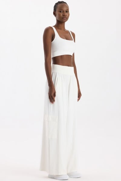 Yüksek Belli Kargo Cepli Pantolon Kırık Beyaz