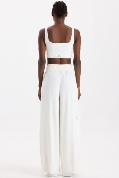 Yüksek Belli Kargo Cepli Pantolon Kırık Beyaz