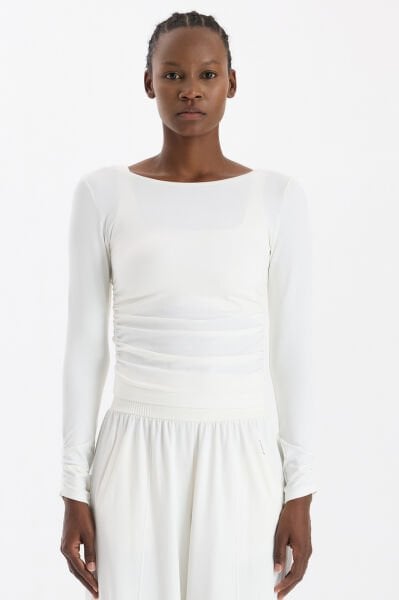 Kolları ve Yanları Büzgülü Uzun Kollu Spor Üst Kırık Beyaz