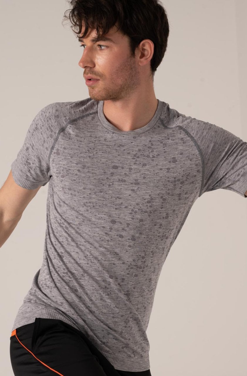 Desenli Erkek Spor Tişört Gri Melanj