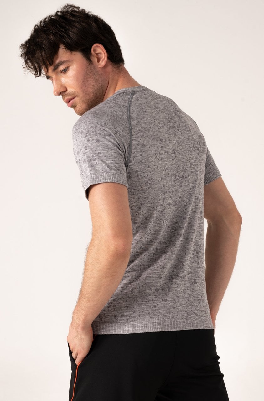 Desenli Erkek Spor Tişört Gri Melanj