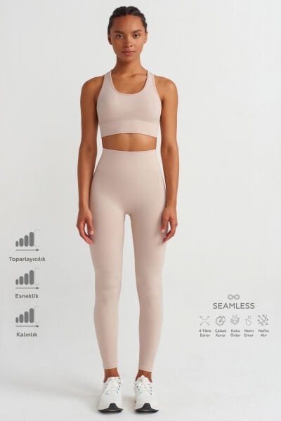 Jakarlı Toparlayıcı Push Up Tayt Mantar Rengi