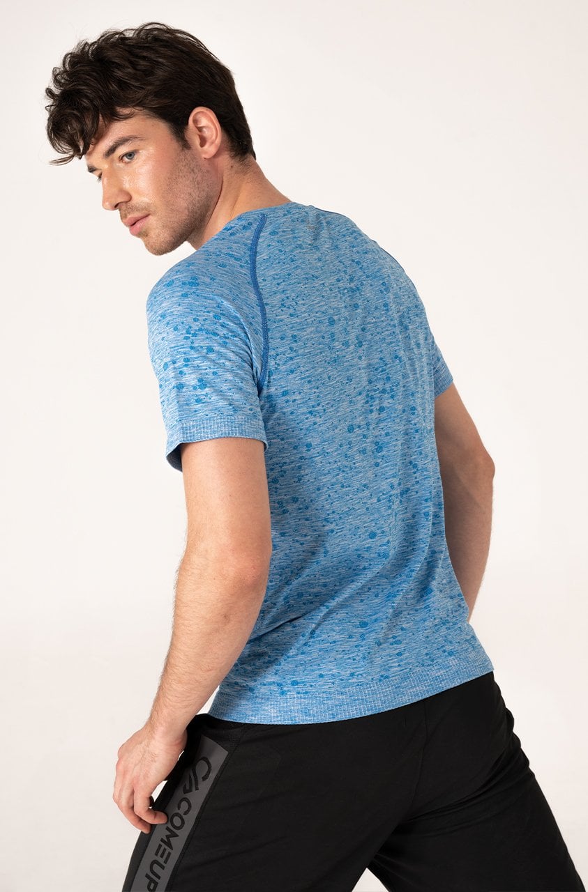 Desenli Erkek Spor Tişört Mavi Melanj