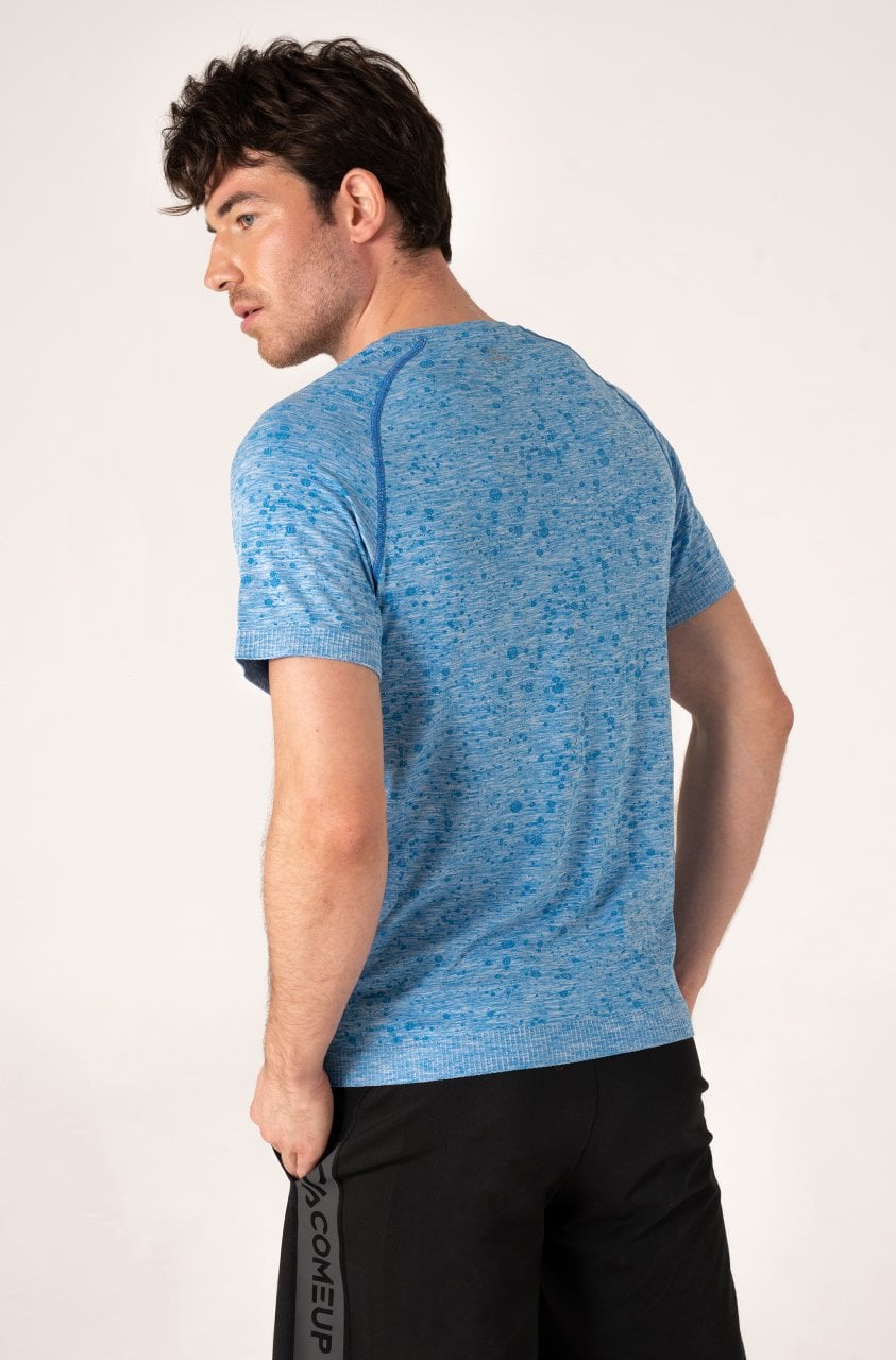 Desenli Erkek Spor Tişört Mavi Melanj