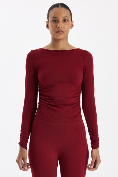 Kolları ve Yanları Büzgülü Uzun Kollu Spor Üst Scarlet Kırmızısı