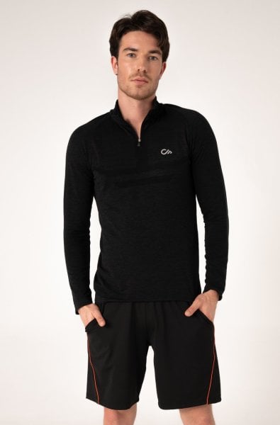 Uzun Kollu Fermuarlı Erkek Üst Siyah Melanj