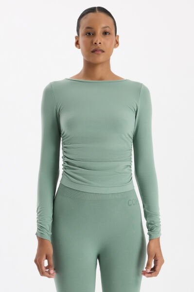 Kolları ve Yanları Büzgülü Uzun Kollu Spor Üst Deniz Köpüğü