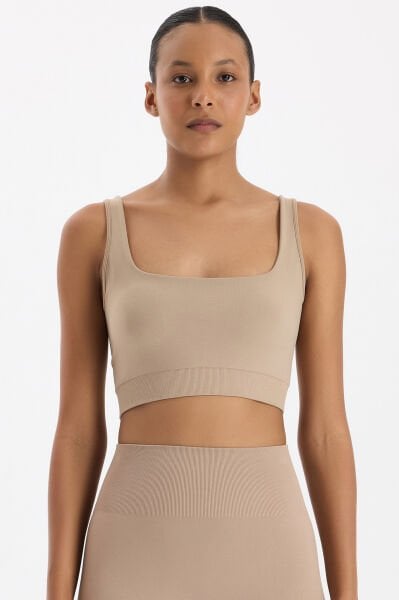 U yaka Kalın Askılı Pedli Sporcu Sütyeni Vizon