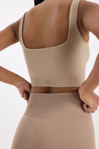 U yaka Kalın Askılı Pedli Sporcu Sütyeni Vizon