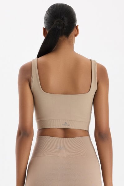 U yaka Kalın Askılı Pedli Sporcu Sütyeni Vizon