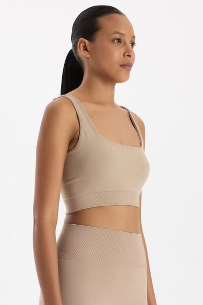 U yaka Kalın Askılı Pedli Sporcu Sütyeni Vizon