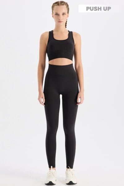 Jakarlı Toparlayıcı Push Up Tayt Küllü Siyah