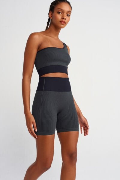 Fitil Dokulu Biker Şort Siyah